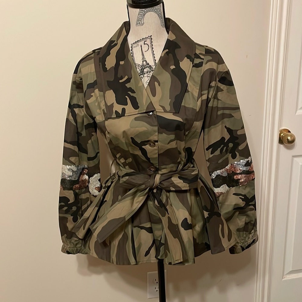 For Her nyc Camouflage Peplum Jacket-Size S-Sequin Sleeves & Back-100% Cotton